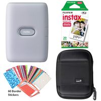 Fujifilm Instax Mini Link Smartphone Printer (Ash White), Instant Film 20 Sheet Pack, 60 Border Stickers and Carrying Case