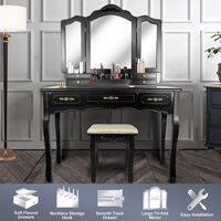 Vanity Beauty Station,Large Tri-Folding Necklace Hooked Mirrors,6 Organization 7 Drawers Makeup Dress Table with Cushioned Stool Set - Black