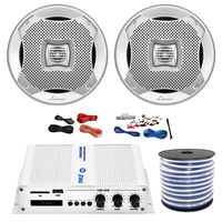 Pyle PFMRA350BW 2-Channel Bridgeable 200 Watts RMS Marine Amplifier, 2X Lanzar AQ5CXS 5.25" Water Resistant 2 Way 400 Watt Silver Speakers, Pyle 8 Gauge Amp Install Kit, Enrock 18g Speaker Wire