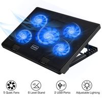 MoKo Laptop Cooler, 12"-17" Laptop Cooling Pad Silent Gaming Laptop Radiator with Adjustable Stand, 5 Fans, Blue LED Lights, Dual USB 2.0 Ports - Black