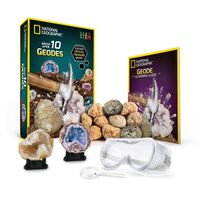 National Geographic Break Open 10 Premium Geodes - Includes Goggles, Detailed Learning Guide & 2 Display Stands - Great Stem Science Gift for Mineralogy & Geology Enthusiasts of Any Age