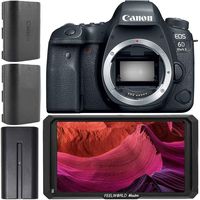 Canon EOS 6D Mark II DSLR Camera (Body Only) with FeelWorld MA5 5" 4K On-Camera Monitor & Starter Accessory Bundle - Includes: Extended Life Replacement Batteries (1x LP-E6 & 1x NP-F975)