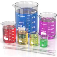 Borosilicate Glass Beaker Set (Pack of 6) - Graduated Low Form Measuring Beakers in various sizes (25/50/100/250/500/1000 ml) - Comes with 3 Glass Stirring Rods - Great Kit for School Science Projects