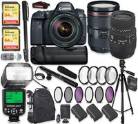 Canon EOS 6D Mark II DSLR Camera w/ 24-105mm f4L is II USM Lens & Sigma 70-300mm Lens + 2X 64GB Sandisk Extreme Memory + Auto TTL Flash (Guide # 58/190 ft) + 60" Portable Tripod + Professional Kit