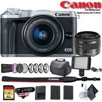 Canon EOS M6 Mirrorless Digital Camera with 15-45mm Lens (International Model) (Silver) (1725C011) W/Bag, Extra Battery, LED Light, Mic, Filters and More - Advanced Bundle