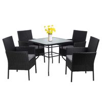Walsunny 5-Piece Indoor Outdoor Wicker Dining Set Furniture,Square Tempered Glass Top Table with Umbrella Hole,4 Chairs-Black