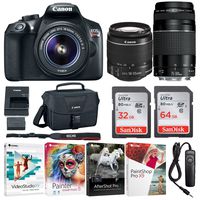 Canon EOS Rebel T6 Digital Camera: 18 Megapixel 1080p HD Video DSLR Bundle with 18-55mm & 75-300mm Lenses 96GB (64 & 32GB SD Cards) Software Pack & Bag - Professional Vlogging Sports & Action Cameras