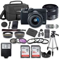 Canon EOS M100 Mirrorless Digital Camera (Black) Bundle with Canon EF-M 15-45mm f/3.5-6.3 is STM Lens, 2pc SanDisk 32GB Memory Cards + Accessory Kit