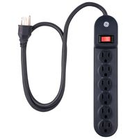 GE Power Strip, 6 Outlet, 3 ft Power Cord, Safety Covers, Wall Mount, Circuit Breaker, Warranty, UL Listed, Black, 56223