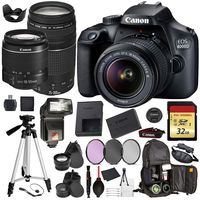 Canon EOS Rebel 4000D Digital SLR Camera with EF-S 18-55mm + EF 75-300mm (Black) Pro Accessory Bundle Package Deal Includes: 32gb SD Card + Sling Backpack + 57'' Tripod + More - International Model