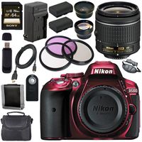 Nikon D5300 DSLR Camera with AF-P 18-55mm VR Lens (Red) + EN-EL14 Replacement Lithium Ion Battery + External Rapid Charger + Sony 64GB SDXC Card + Carrying Case Bundle