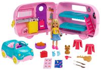 Barbie Club Chelsea Camper Playset with Chelsea Doll, Puppy, Car, Camper, Firepit, Guitar and 10 Accessories, Gift for 3 to 7 Year Olds
