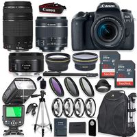 Canon EOS 77D DSLR Camera with 18-55mm Lens Kit + Canon 75-300mm & 50mm f/1.8 Lens + Speedlight TTL Flash + 64GB Memory + Wide & Tele Auxiliary Lenses + High Def Filter & Macro Kit + Accessory Bundle