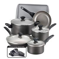 Farberware 21896 Dishwasher Safe Nonstick Cookware Pots and Pans Set, 15 Piece, Pewter