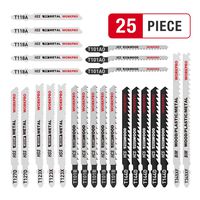 WORKPRO 25-piece T-Shank Jig Saw Blade Set with Storage Case, Made with HCS/HSS/BIM, Assorted Blades for Wood, Plastic and Metal Cutting