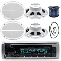 Kenwood KMR-D372BT in-Dash Marine Boat Audio Bluetooth CD Player Receiver Bundle Combo with 4X 500 Watts 6X9-Inch 2-Way Marine White Coaxial Speakers, Radio Antenna, 16g 50ft Marine Speaker Wire