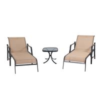 LOKATSE HOME Outdoor Patio Adjustable Metal Chaise Lounge Chair Recliner Set of 2 with 1 Glass Top Bistro Table, Beige