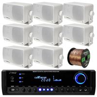 Pyle PT390BTU Bluetooth Digital Home Theater 300-Watt Stereo Receiver Bundle Combo With 8x White 3'' Inch 3-Way Wall Mount Home Audio Speakers + Enrock 50 Ft 16g Speaker Wire