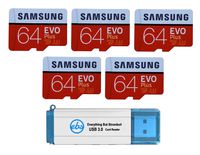 Samsung 64GB Evo Plus MicroSD Card (5 Pack Bundle) Class 10 SDXC Memory Card with Adapter (MB-MC64G) with (1) Everything But Stromboli (TM) 3.0 Reader with SD & Micro (TF) Slots