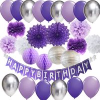 Purple Silver Birthday Party Decorations Happy Birthday Banner Purple Silver Latex Balloons Polka Dot Paper Fans/Girl Purple Birthday Decorations for Women 30th/40th/50th/60th Birthday Photo Backdrop