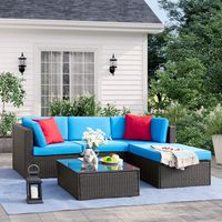 Tuoze 5 Pieces Patio Furniture Sectional Set Outdoor All-Weather PE Rattan Wicker Lawn Conversation Sets Cushioned Garden Sofa Set with Glass Coffee Table (Blue)