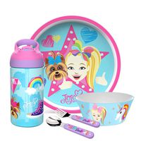Zak Designs Jojo Siwa Dinnerware Set Includes Plate, Bowl, Water Bottle, and Utensil Tableware, Made of Durable Material and Perfect for Kids (Jojo Siwa, 5 Piece set, BPA-Free)