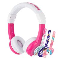 BuddyPhones Explore Foldable - Kids Volume Limiting Headphones - Built-In Audio Sharing Cable and In-Line Mic - Compatible with Fire, iPad, iPhone, and Android Devices - Pink