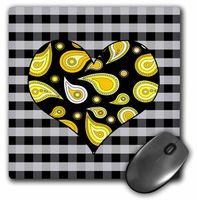 3dRose LLC 8 X 8 X 0.25 Inches Yellow Paisley Heart on Black and White Check Mouse Pad (mp_25358_1)
