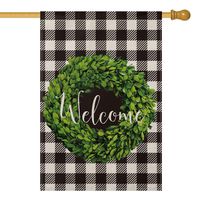 AVOIN Fall Boxwood Wreath Welcome House Flag Vertical Double Sided, Buffalo Check Plaid Rustic Farmhouse Burlap Flag Yard Outdoor Decoration 28 x 40 Inch