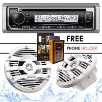 Kenwood KMR-D372BT Bluetooth Receiver + KFC-1653MRW 6.5" 2-Way Marine Speaker Boat-Yacht-ATV - 2 Speakers/150W + Free Magnet Phone Holder