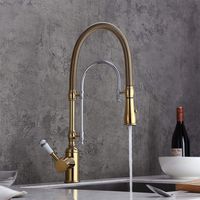 KunMai Single Handle High Arc Swiveling Dual-Mode Pull-Down Sprayer Kitchen Sink Faucet with Porcelain Handle in Gold&Chrome,Lead-free Solid Brass cUPC Certified Pre Rinse Faucet