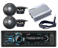 Boss MR1308UABK Single Din Mechless Bluetooth MP3 Solid State Receiver Bundle Combo with Pyle 4'' Dual Cone Black Waterproof Stereo Speaker + Pyle 4 Channel 400W Waterproof Amplifier + Wire Antenna