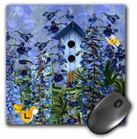 3dRose LLC 8 x 8 x 0.25 Larkspur Garden Julys Birth Flower with Birdhouse and Butterflies Perfect for The July Birthday Mouse Pad (mp_79436_1)