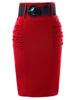 Women Pleated Knee Length Pencil Skirts Red Office Skirts S KK271-3
