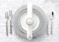 Royalty Settings Inspiration Collection Elegant White with Silver Plastic Plates for Wedding, Silver Lace Plastic Plates Set of 80, 7 inch Disposable Plastic Plates