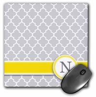 3dRose LLC 8 x 8 x 0.25 Inches Mouse Pad, Your Personal Name Initial Letter N, Monogrammed Grey Quatrefoil Pattern, Personalized Yellow Gray (mp_154580_1)