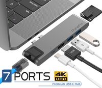 USB C 7-in-1 Hub Multiport Adapter for MacBook Pro 2019/2018/2017/2016, MacBook Air 2018/2019; Gigabit Ethernet, 4K HDMI, 40Gbps Thunderbolt 3, 100W PD, 2 USB 3.0 and SD/Micro Card Reader (Space Grey)