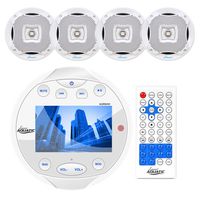 Lanzar AQR84W 4x28 W Round Aquatic Waterproof Marine Stereo Boat in Dash Radio Receiver System with Bluetooth - White, 4X Lanzar AQ5CXW 5.25" Marine Water Resistant 2 Way 400 Watt White Speakers