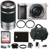 Sony Alpha a6000 Mirrorless Camera w/ 16-50mm & 55-210mm Lens Bundle and 32GB SD Card Bundle (Silver)