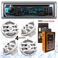 Kenwood KMR-D368BT Bluetooth Receiver + KFC-1653MRW 6.5" 2-Way Marine Speaker Boat-Yacht-ATV - 4 Speakers/300W + Free Magnet Phone Holder