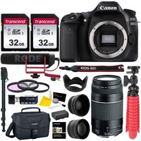 Canon EOS 80D DSLR Camera Body, Canon 75-300mm III Lens, Rode VideoMic Go, Two Transcend 32GB Cards, Canon 200ES Bag, Spare Battery Accessory Bundle