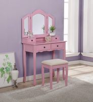 Roundhill Furniture Sanlo Wooden Vanity, Make Up Table and Stool Set, Pink