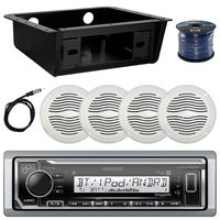 Kenwood MP3 Bluetooth Stereo Receiver Bundle Combo w/ Universal Underdash Kit, 4x 5" White Outdoor Speakers, Enrock Radio Antenna, 50t Speaker Wire - Golf Car RV Entertainment System