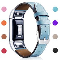 Hotodeal Replacement Leather Band Compatible for Charge 2, Classic Genuine Leather Wristband Metal Connector Watch Bands, Fitness Strap Women Men Small Large (Lake Blue- Silver Buckle)