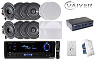 Vaiyerkits Home Theater Kit: (8) in-Wall/in-Ceiling 150 Watt Speakers (1) Stereo Speaker Selector (4) Wall-Mount Volume Controls (1) Home Theater Receiver 300 Watts (1) in-Wall Bluetooth Receiver