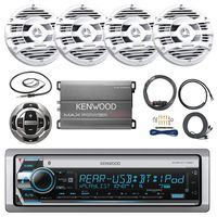 Pontoon Boat Audio: Kenwood Single Din Marine Bluetooth AM/FM CD MP3 USB AUX Receiver w/Built-in Amplifier, 4X 6.5 2-Way 150 Watt Water Resistant White Speakers, 4 Channel Amplifer, Wired Remote