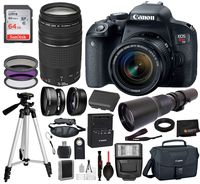 Canon EOS Rebel T7i DSLR Camera with 18-55mm and 75-300mm, 500mm Preset f/8 Telephoto Lens with T-Mount Adapter, and 18PC Professional Bundle Deal: Includes - SanDisk 64gb SD Card + Canon Bag + More