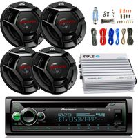 Pioneer DEH- Car CD Player Receiver Bluetooth USB AUX Radio - Bundle Combo with 4x JVC CSDR621 6.5" Inch 300-Watt 2-Way Black Audio Coaxial Speakers 4-Channel Amplifier, Amp Kit