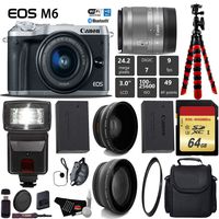 Canon EOS M6 Mirrorless Digital Camera (Silver) with EF-M 15-45mm IS STM Lens + Flash + UV FLD CPL Filter Kit + Wide Angle & Telephoto Lens + Camera Case + Tripod + Card Reader - International Version