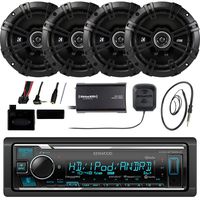 Kenwood KMMBT515HD Marine Boat Bluetooth Stereo Receiver Bundle Combo With 4x Kicker 6.5" Inch 2-Way Speakers + Steering Wheel Controller + SiriusXM Satellite Radio Tuner Kit + Enrock AM/FM Antenna